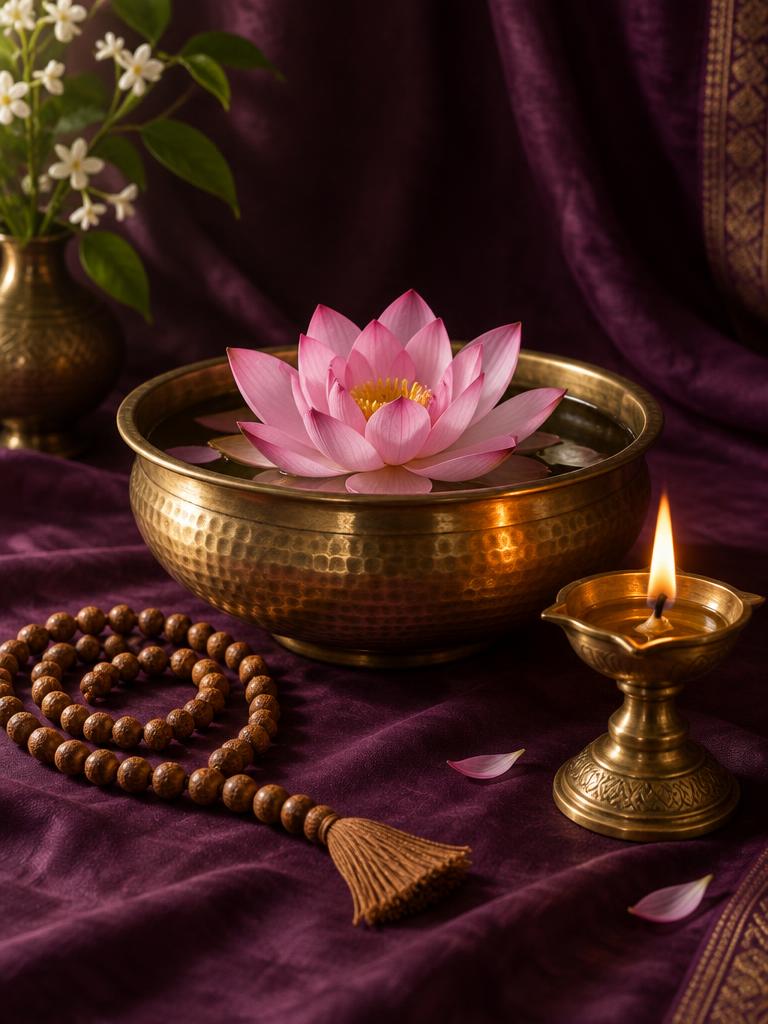 পদ্মফুল, প্রদীপ ও জপমালা